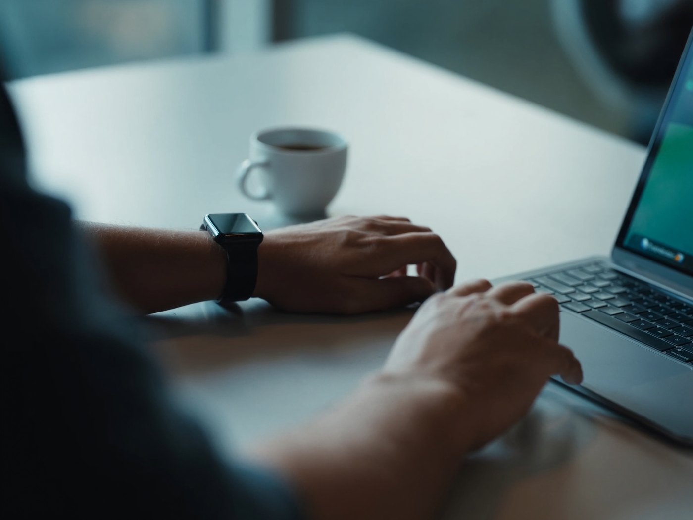 Person working at a desk with an Apple Watch on their wrist